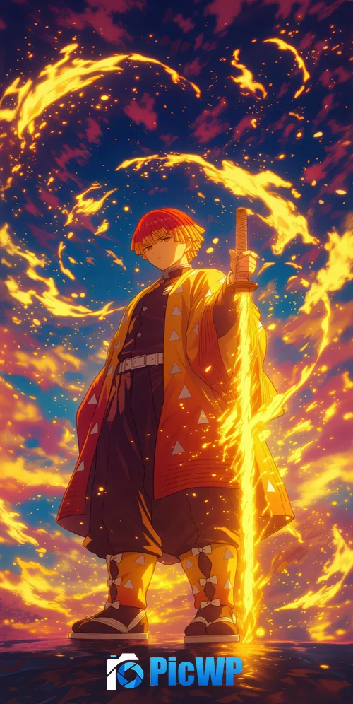 Zenitsu Agatsuma Fire effect 3K Mobile Wallpaper