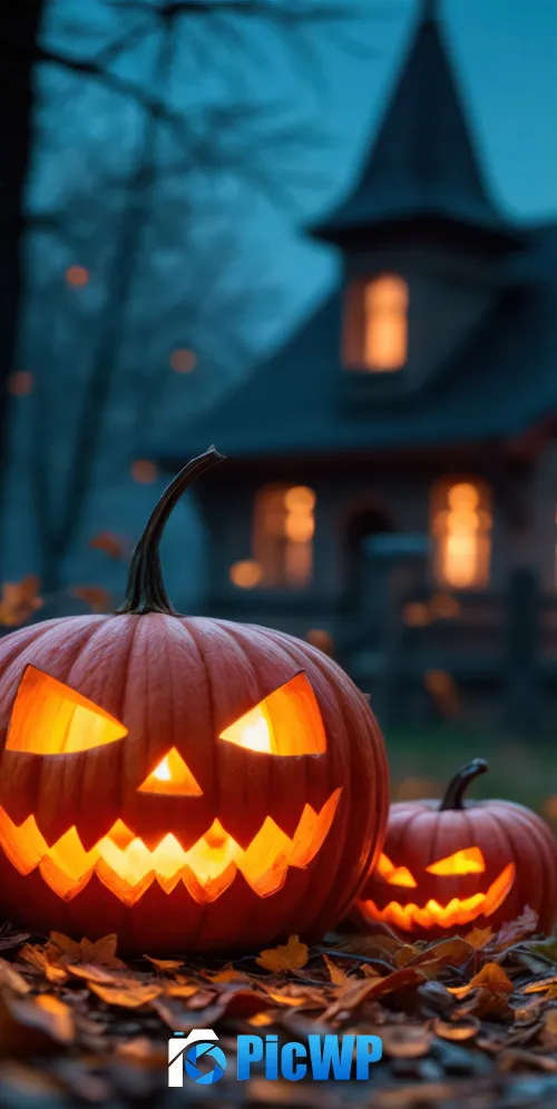 Haunted house Halloween pumpkins 3K Mobile Wallpaper