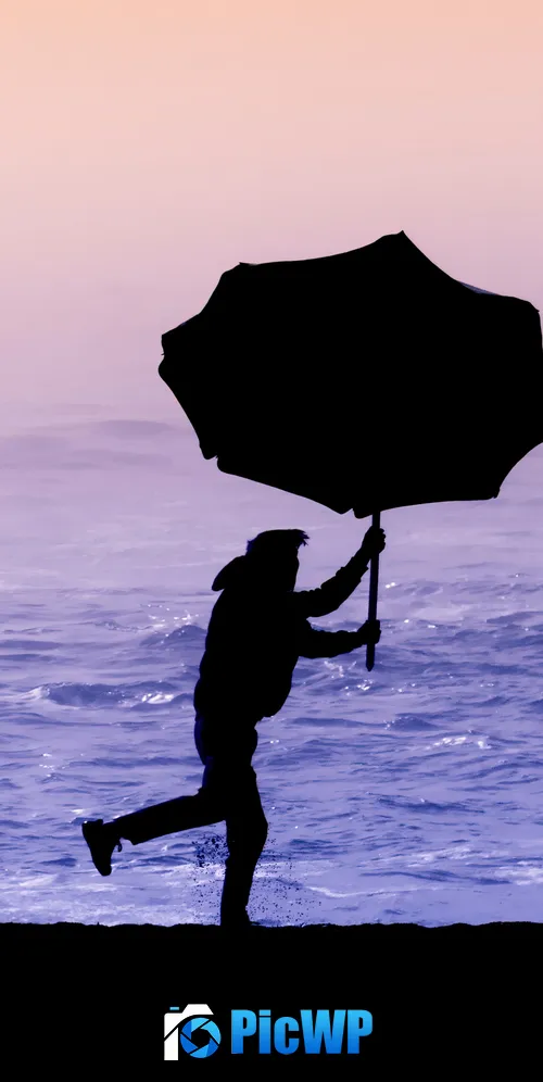 Silhouette of a person holding an umbrella on a beach 3K Mobile Wallpaper