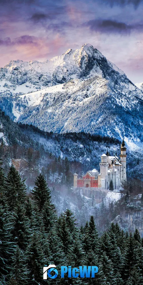Neuschwanstein Castle Winter Mountains 3K Mobile Wallpaper