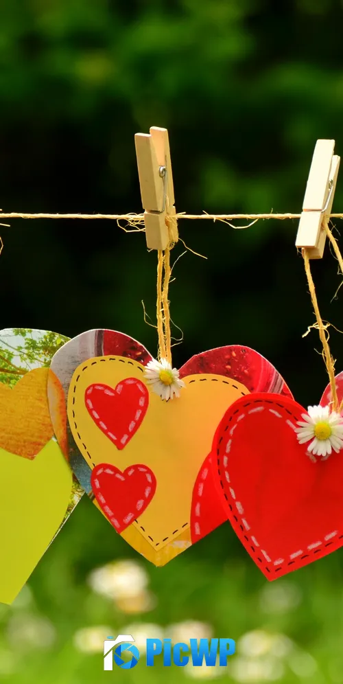 Hanging Hearts Clothespin 3K Mobile Wallpaper