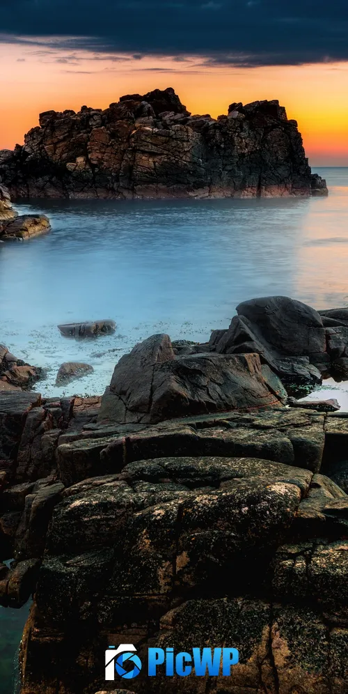 Rocky coast Sunset Orange 3K Mobile Wallpaper