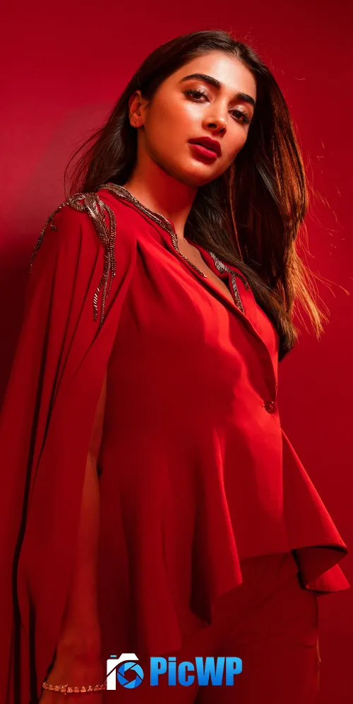 Pooja Hegde Red background 3K Mobile Wallpaper