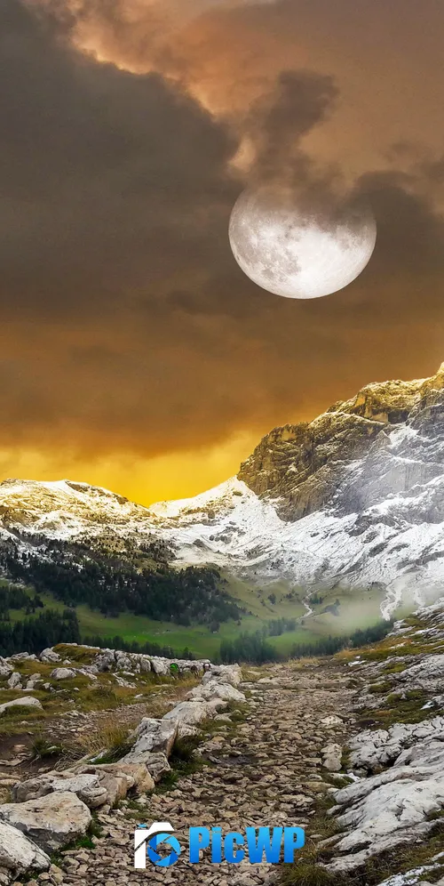 Mountains Landscape Full moon 3K Mobile Wallpaper