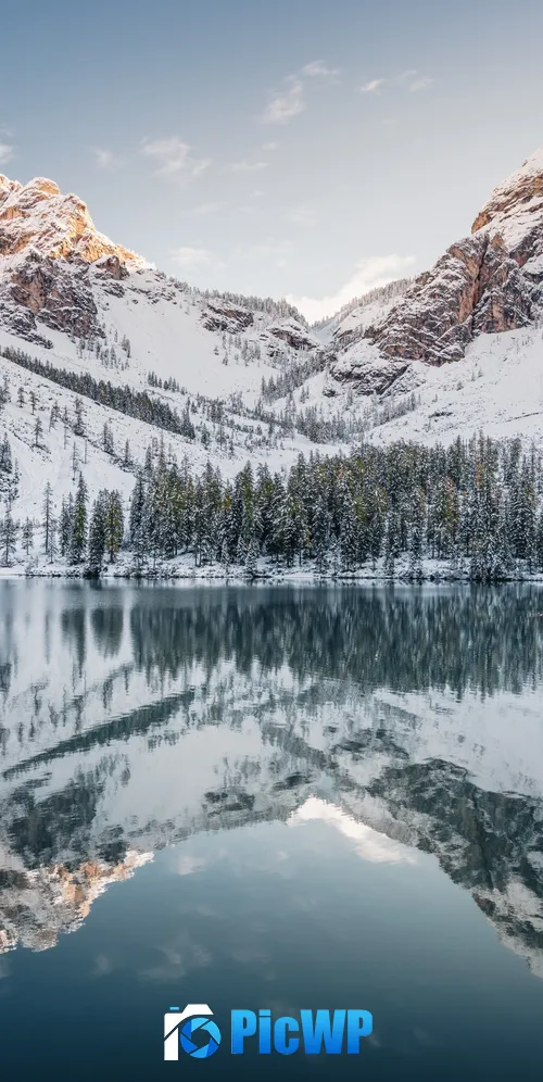 Pragser Wildsee Snow covered 3K Mobile Wallpaper