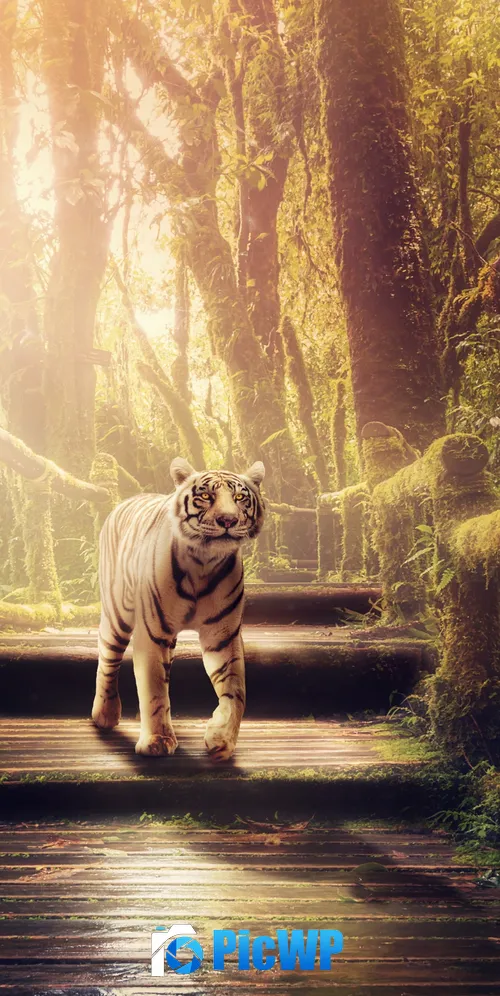 White tiger Wooden stairs 3K Mobile Wallpaper