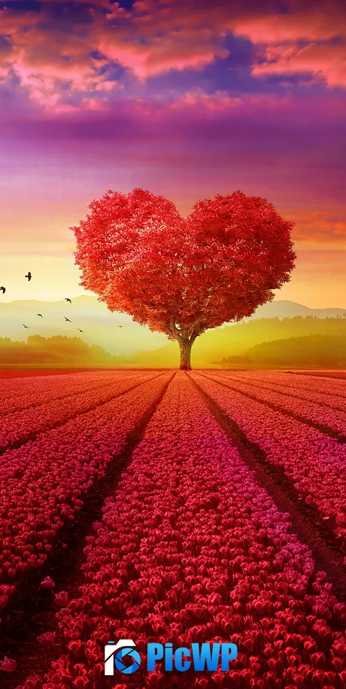 Heart tree Flower garden 3K Mobile Wallpaper