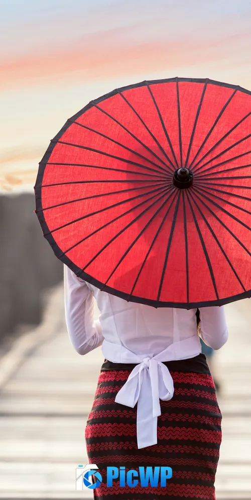 Red Umbrella Burmese woman 3K Mobile Wallpaper
