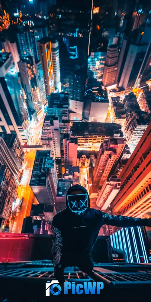 Hong Kong City Neon Mask 3K Mobile Wallpaper