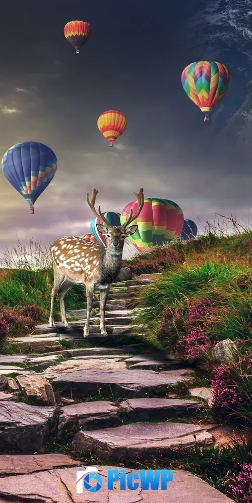 Deer Hot air balloons 3K Mobile Wallpaper