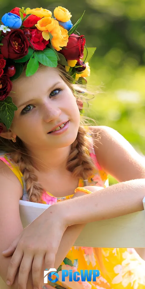 Smiling girl Flower Wreath 3K Mobile Wallpaper