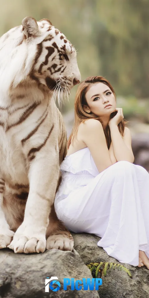 White tiger Asian Woman 3K Mobile Wallpaper
