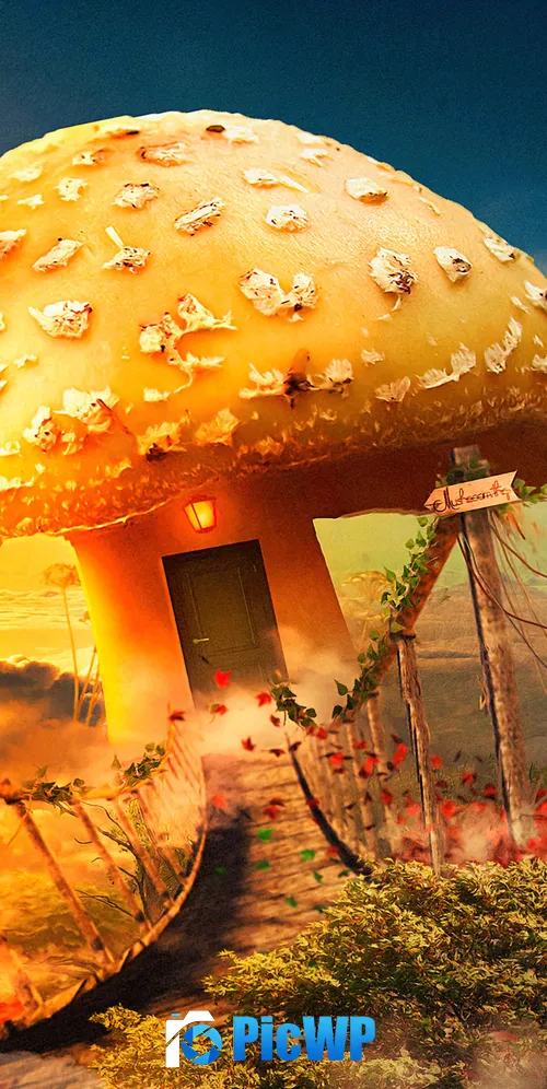 Mushroom house Surreal 3K Mobile Wallpaper