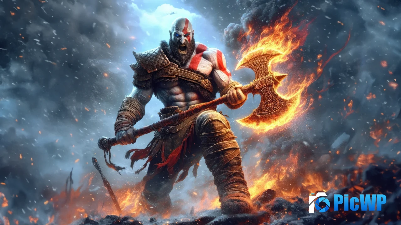 Kratos holding Axe on fire 4K PC Wallpaper