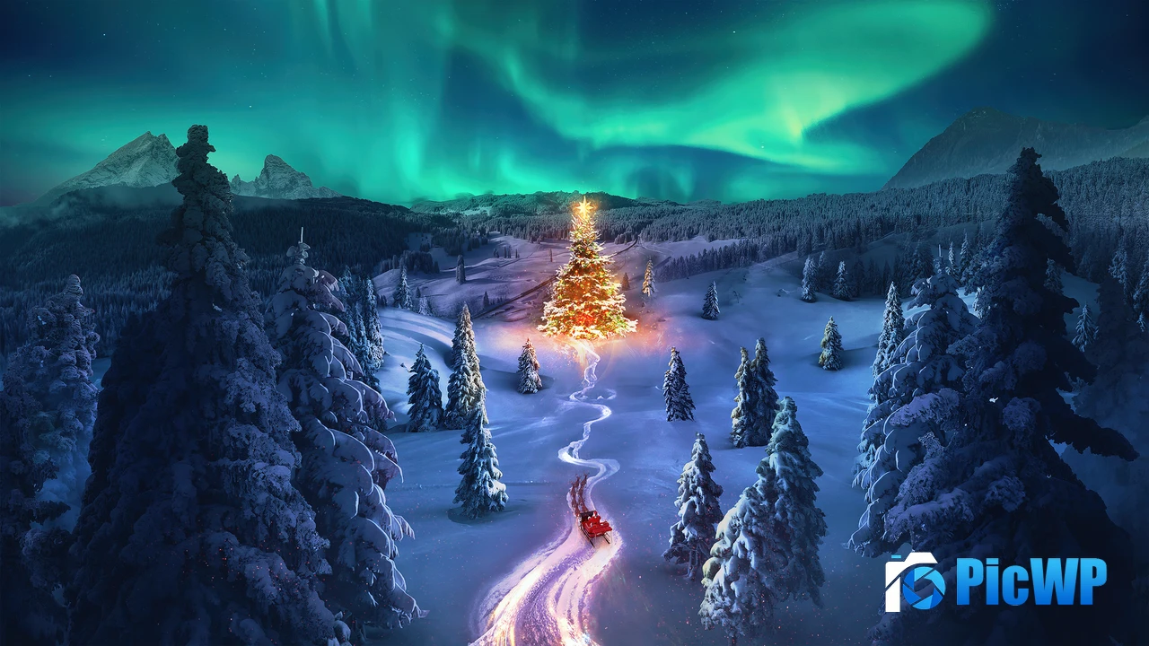 Christmas tree Aurora sky 4K PC Wallpaper