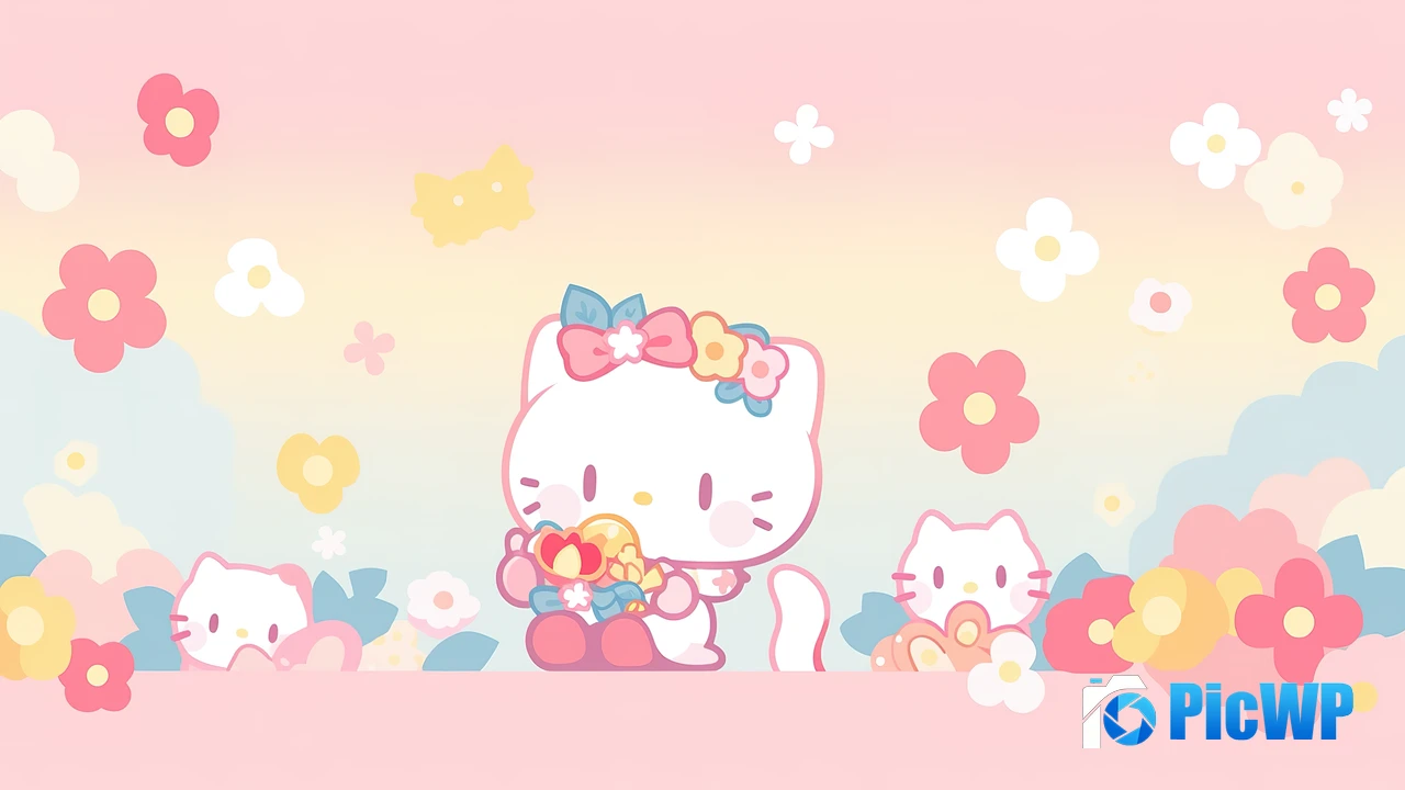 Cute hello kitties Floral Background 4K PC Wallpaper