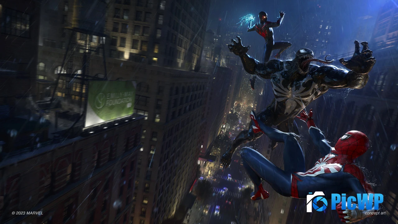 Venom, Miles Morales, Spider-Man Fight in Spider-Man 2 Game 4K PC Wallpaper