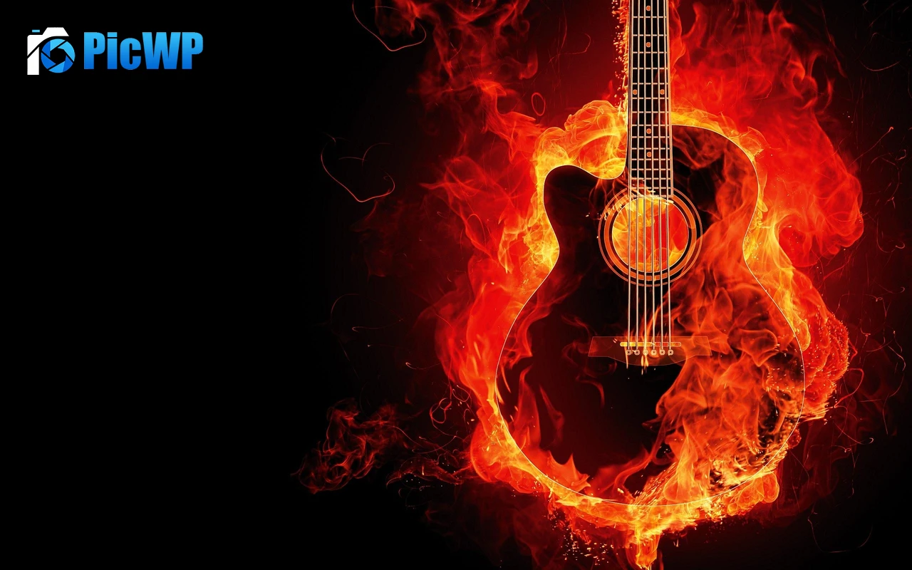 Flaming Guitar Black background 3K PC Wallpaper