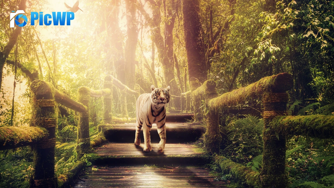 White tiger Wooden stairs 4K PC Wallpaper