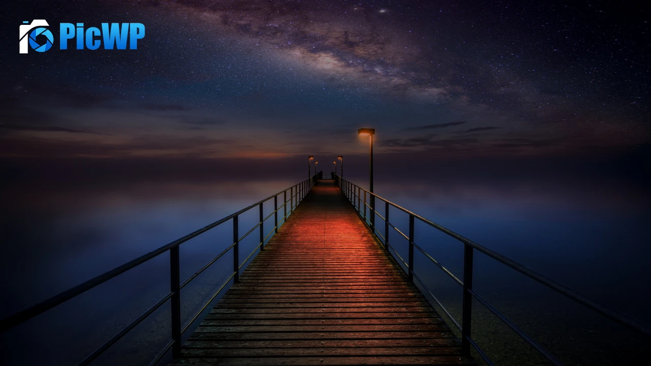 Wooden pier Night sky 4K PC Wallpaper
