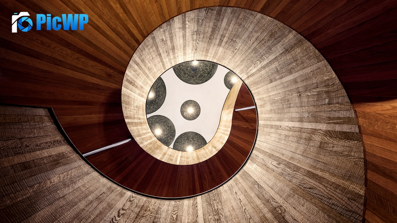 Spiral staircase Wooden stairs 4K PC Wallpaper