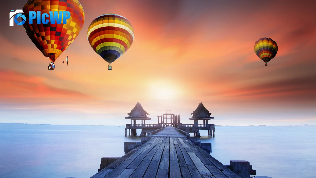 Wooden pier Hot air balloons 4K PC Wallpaper