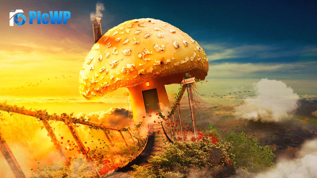 Mushroom house Surreal 4K PC Wallpaper