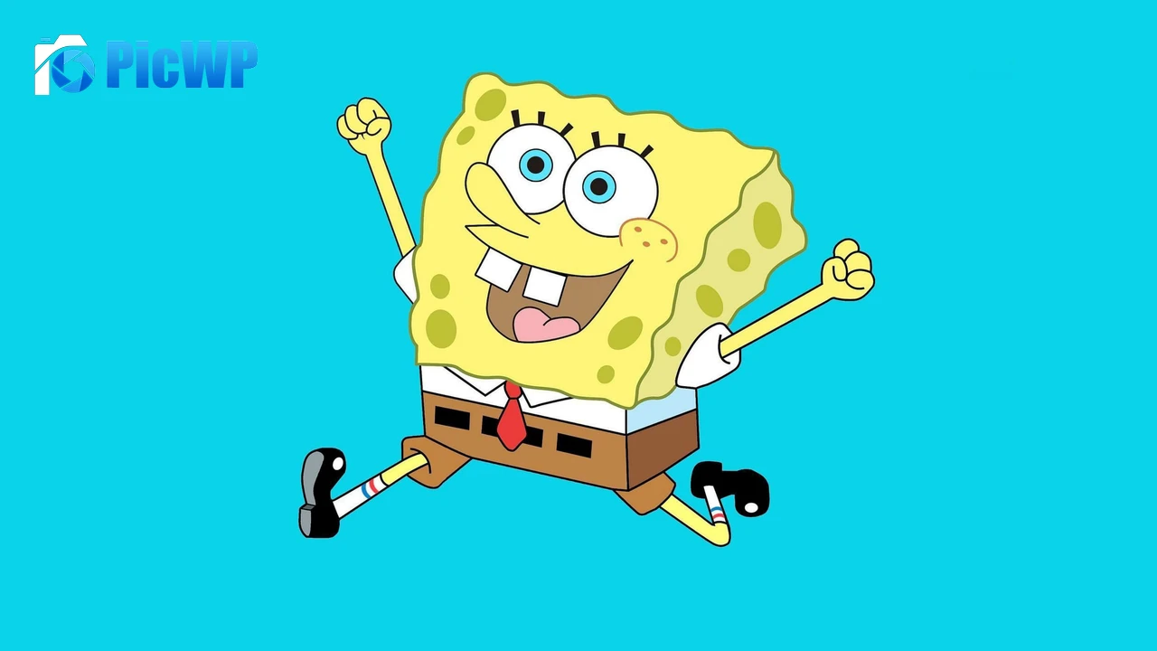 Happy SpongeBob Cyan background 6K PC Wallpaper