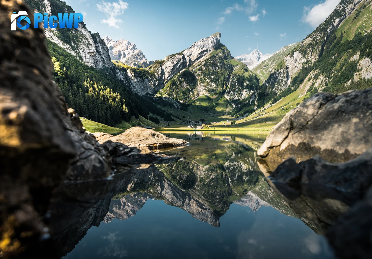 Seealpsee lake Alps mountains 8K PC Wallpaper