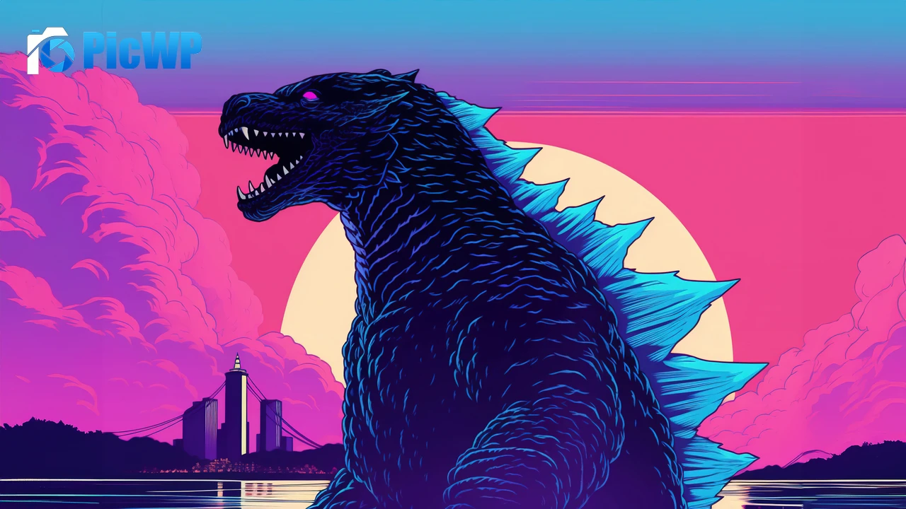 Godzilla RetroWave art 6K PC Wallpaper