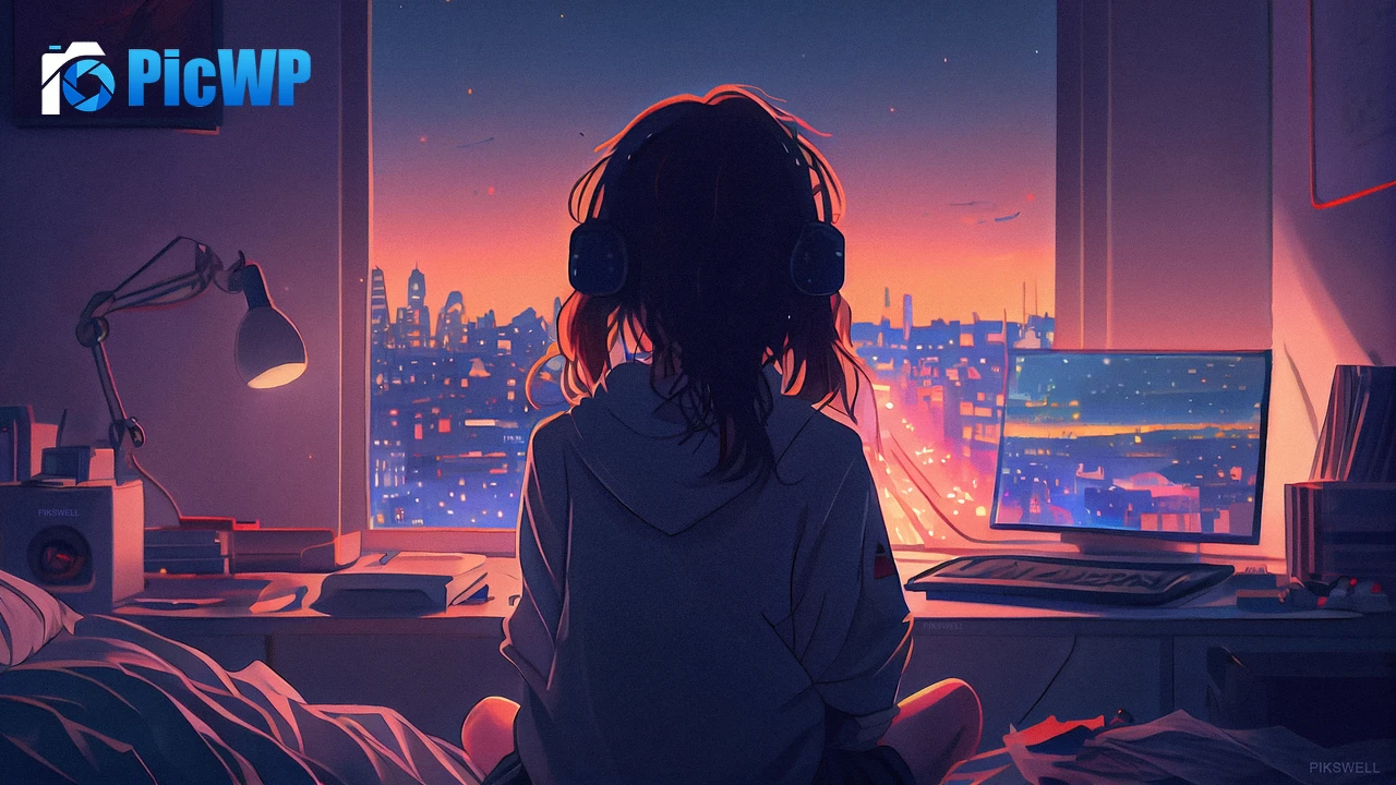 Anime Lofi girl Listening music 6K PC Wallpaper