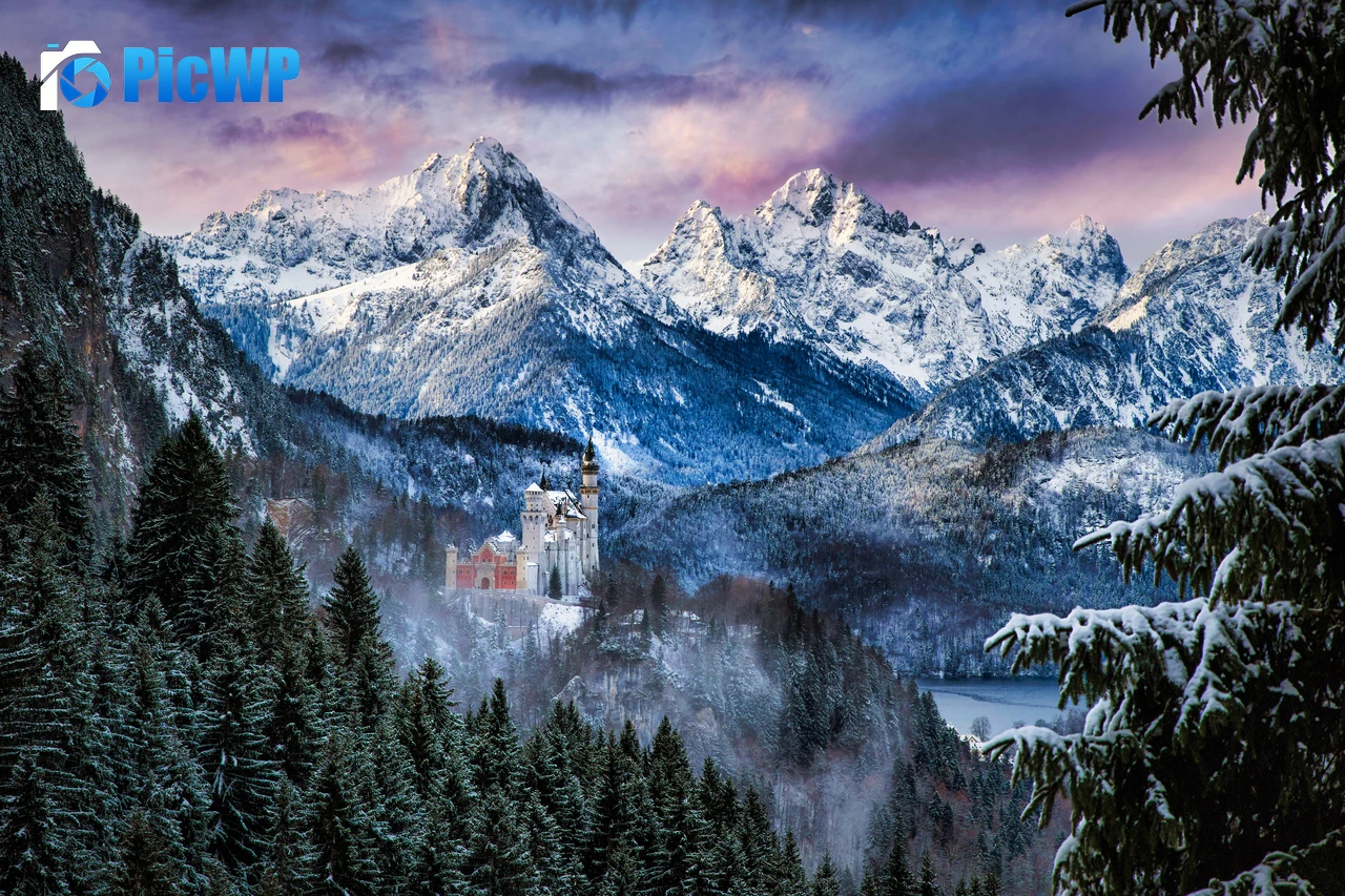 Neuschwanstein Castle Winter Mountains 7K PC Wallpaper
