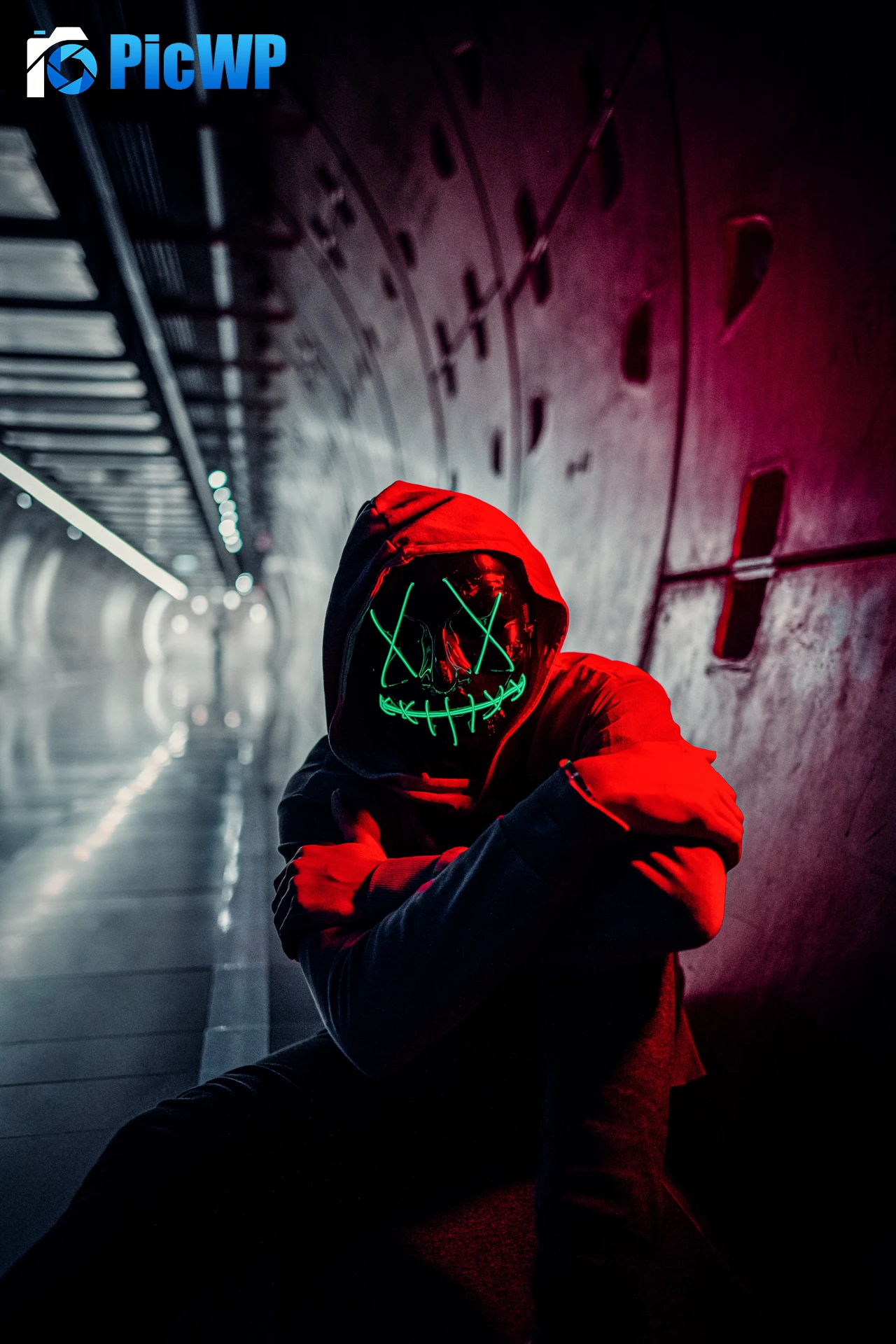 Neon Mask Red Hoodie 6K Mobile Wallpaper