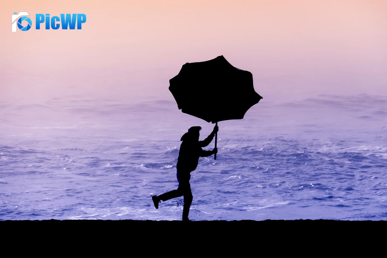 Silhouette of a person holding an umbrella on a beach 6K PC Wallpaper