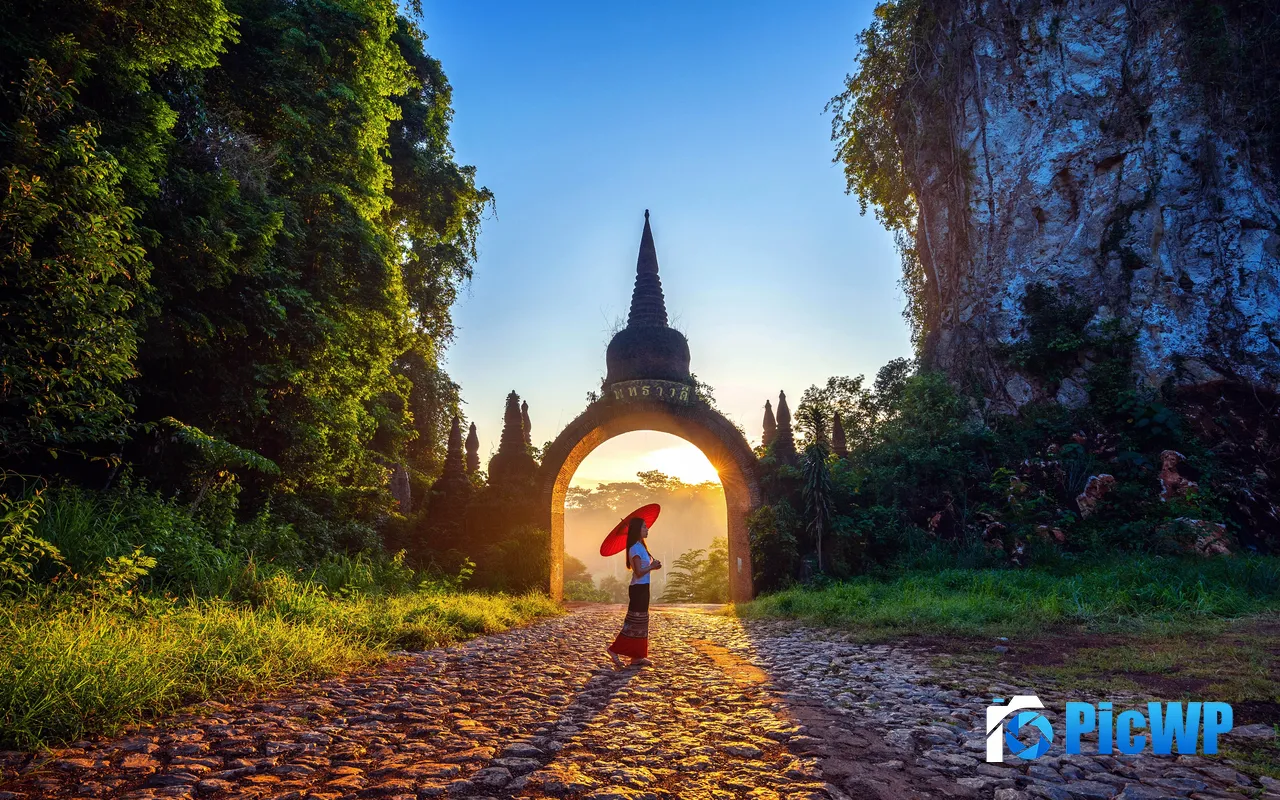Red umbrella Girl Khao Na Nai Luang Dharma Park Thailand 5K PC Wallpaper