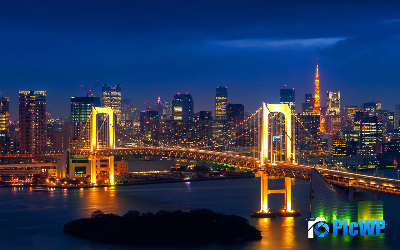 Rainbow Bridge Tokyo Tower Night Skyline Japan 5K PC Wallpaper
