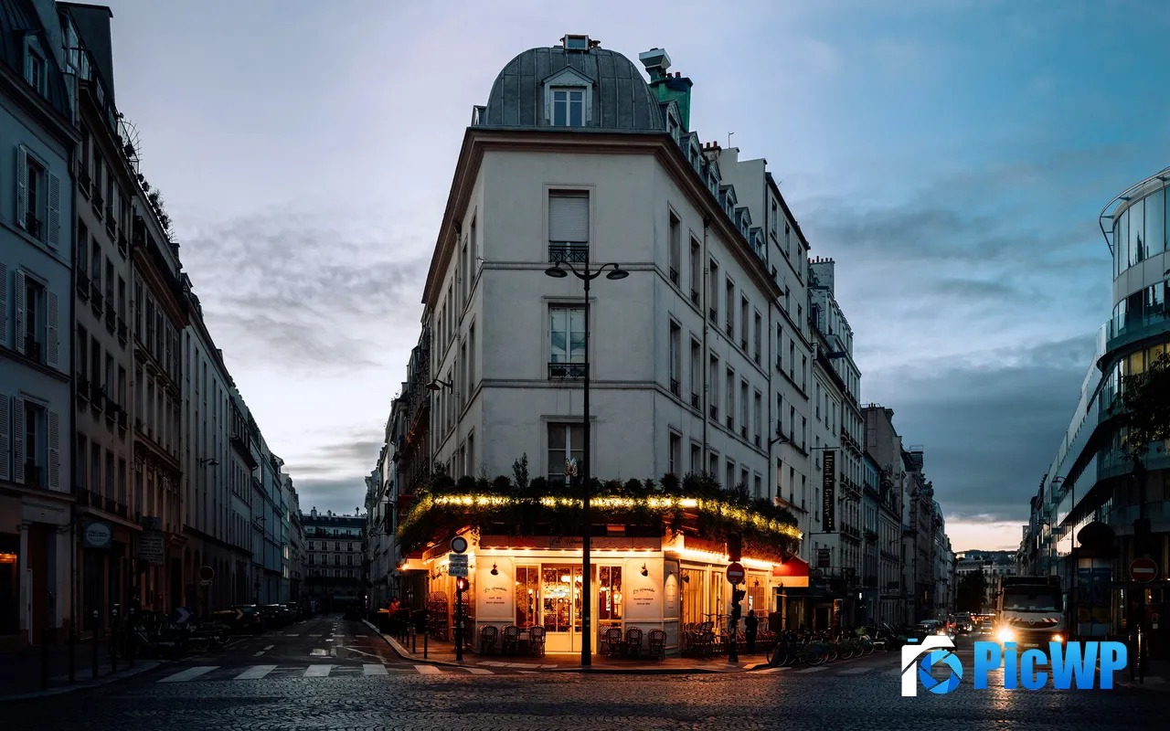 France Paris Commercial Street Buildings Dusk 5K PC Wallpaper