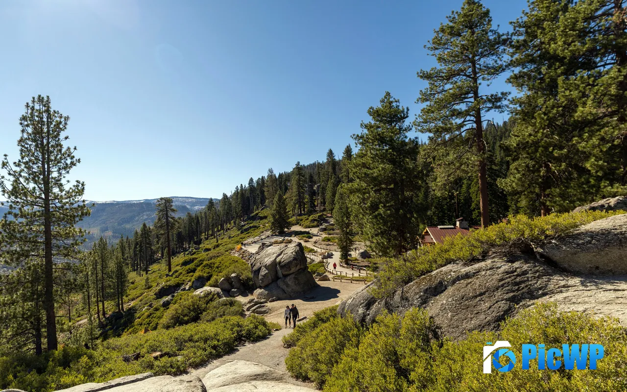 Hikers Trail Rocky Forested Landscape Blue Sky 5K PC Wallpaper