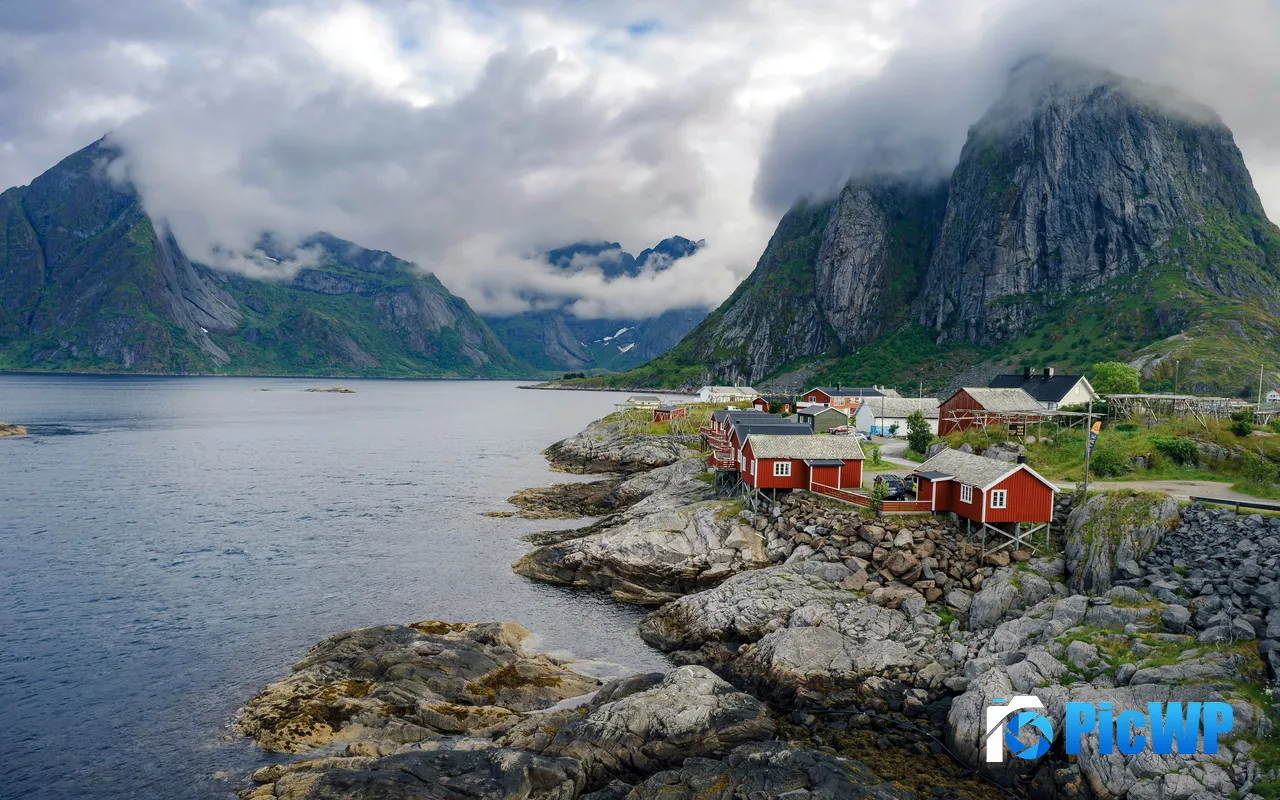 Mountains Fog Village Pier Lofoten Islands Norway 5K PC Wallpaper