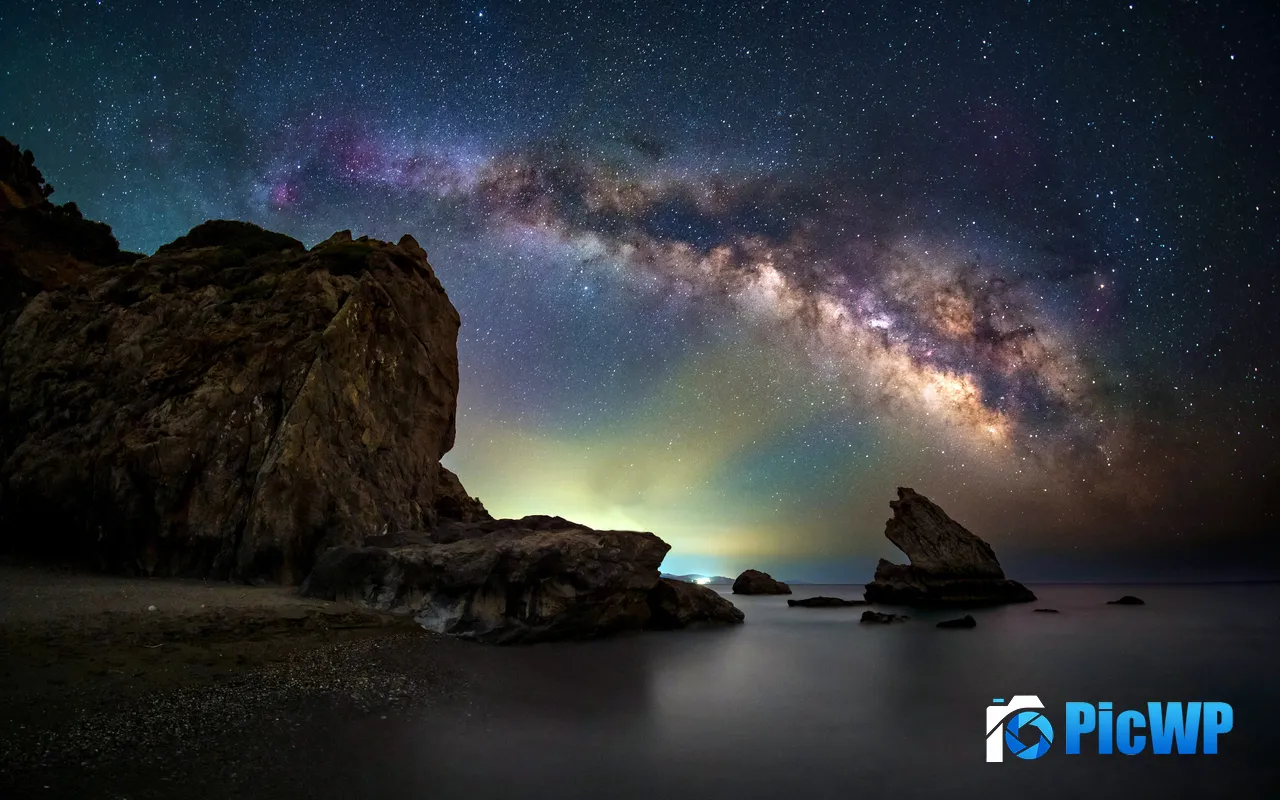 Milky Way <font color=red>Starry sky</font> Coast Rocks Crete Greece 5K PC Wallpaper