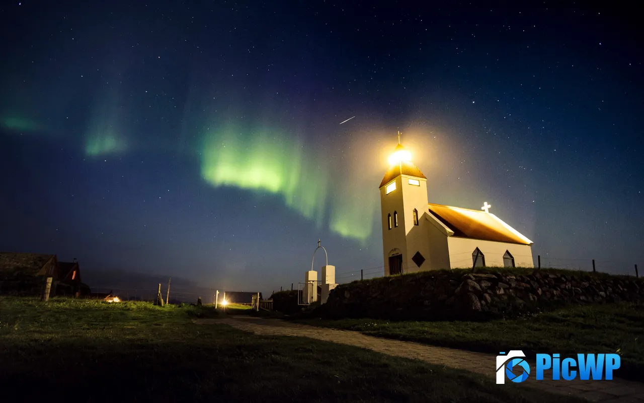 Green Aurora <font color=red>Night</font> Sky Church Modrudalur Iceland 5K PC Wallpaper