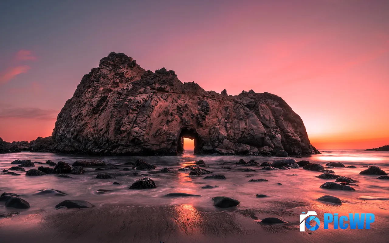 <font color=red>Sunset</font> Large Rock Cliff Pfeiffer Beach USA 5K PC Wallpaper