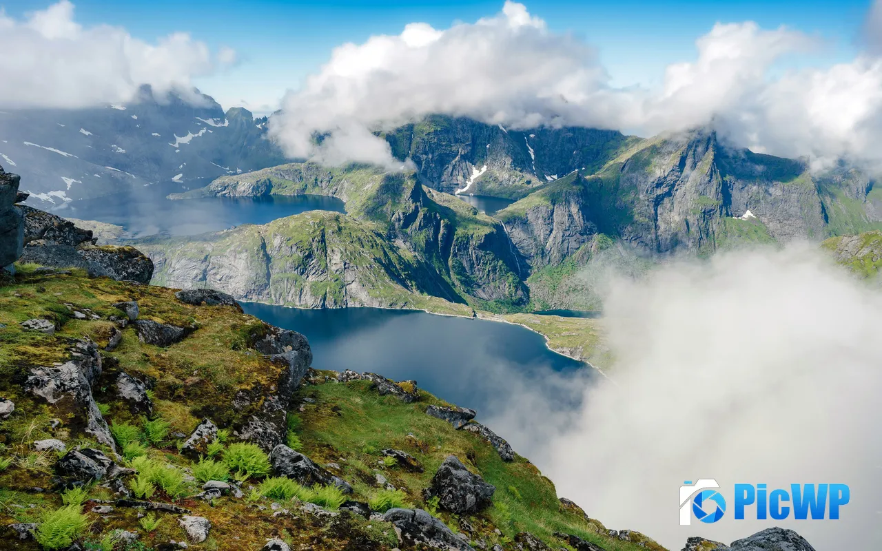 <font color=red>Mountains</font> Lakes Rain and Fog Lofoten Norway 5K PC Wallpaper