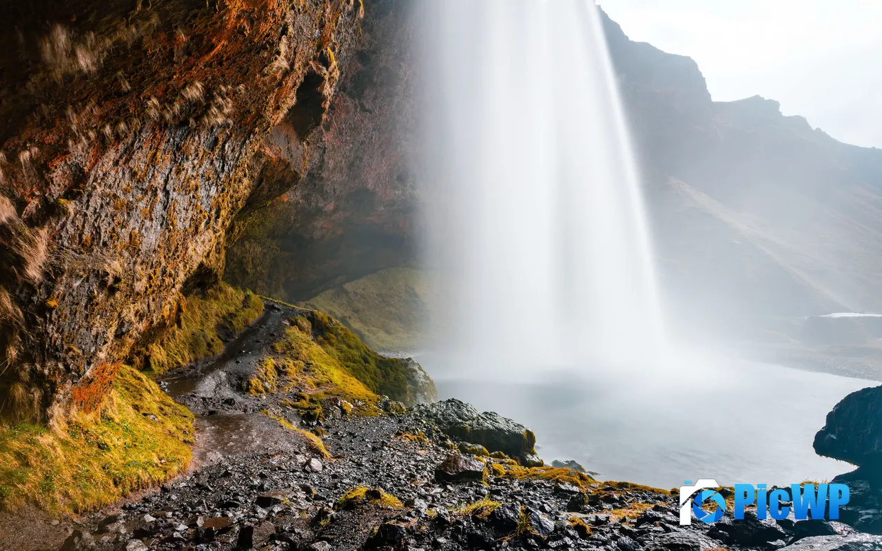 Cave Spectacular Waterfall Rocky Mountains <font color=red>Scenery</font> 5K PC Wallpaper