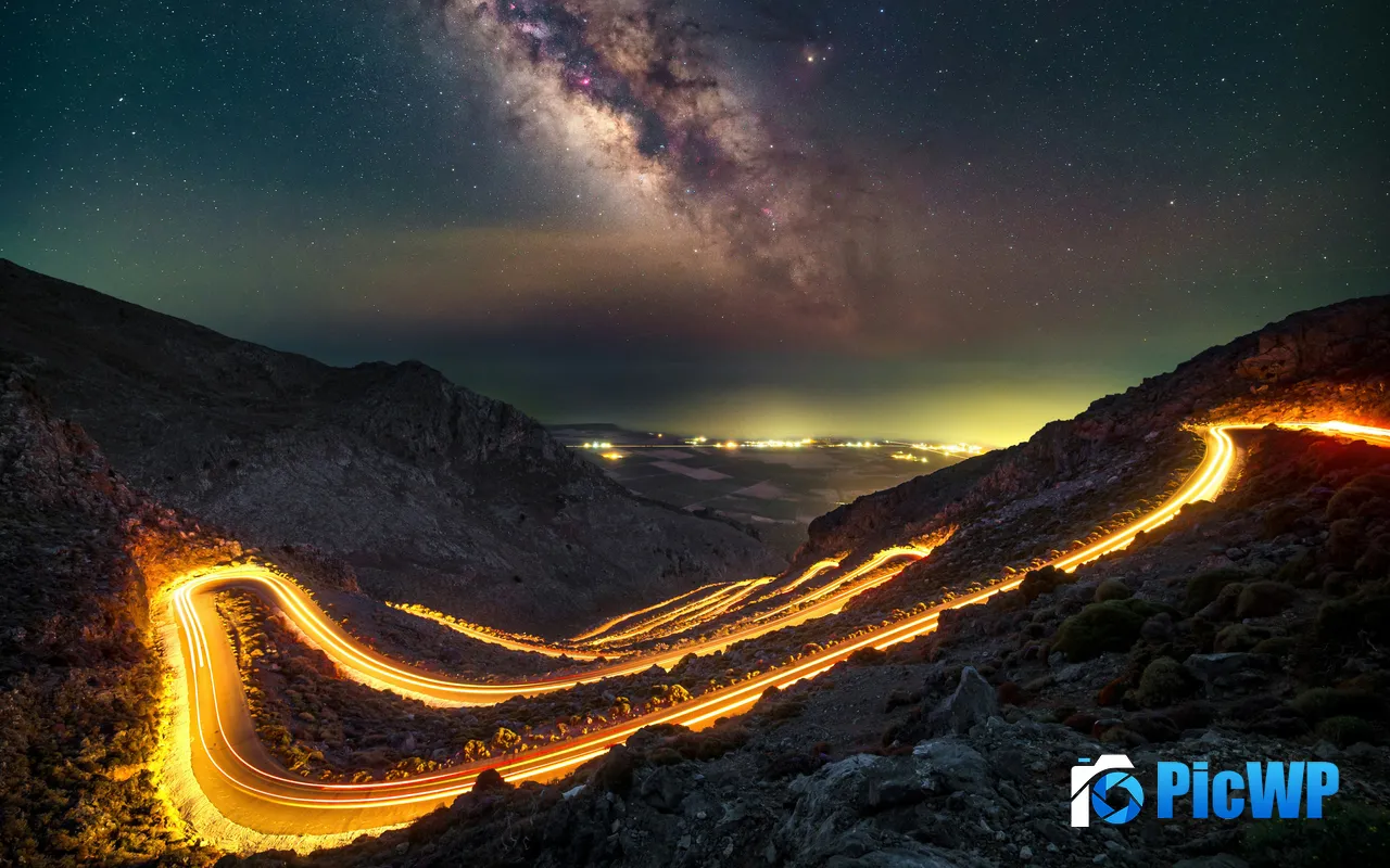 <font color=red>Milky Way</font> Winding Mountain Road Crete Greece 5K PC Wallpaper