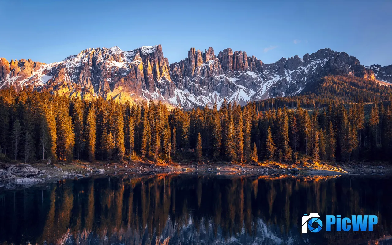Forest <font color=red>Sunset</font> Snow Mount Carezza Lake South Tyrol Italy 5K PC Wallpaper