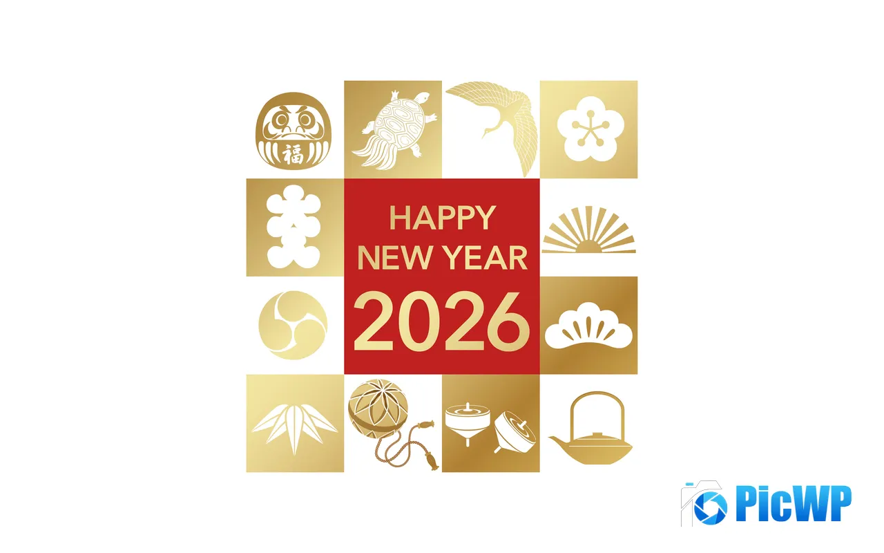 Happy New Year 2026 Holiday Nine Square Grid Design 5K PC Wallpaper