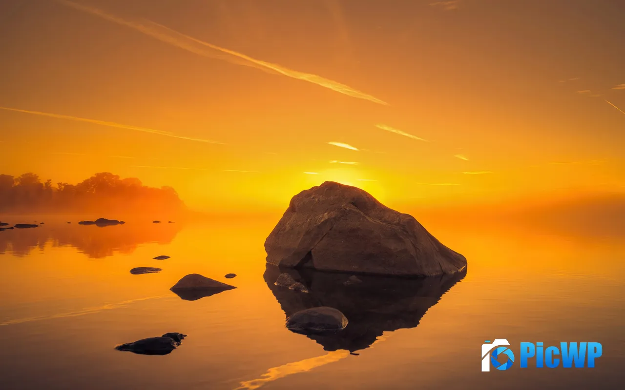 Golden light Lake Bank Rock Morning Summer 5K PC Wallpaper
