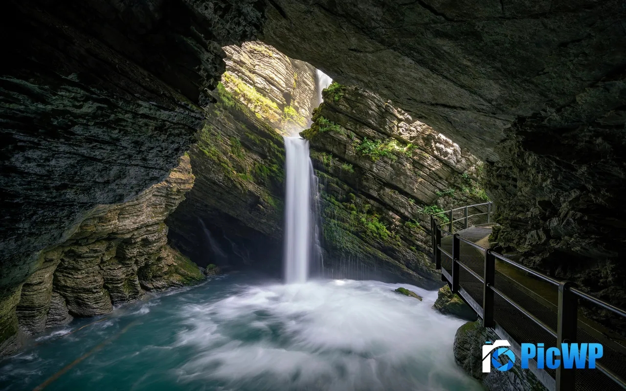 Waterfall River Rock Cave Trail Switzerland 5K PC Wallpaper