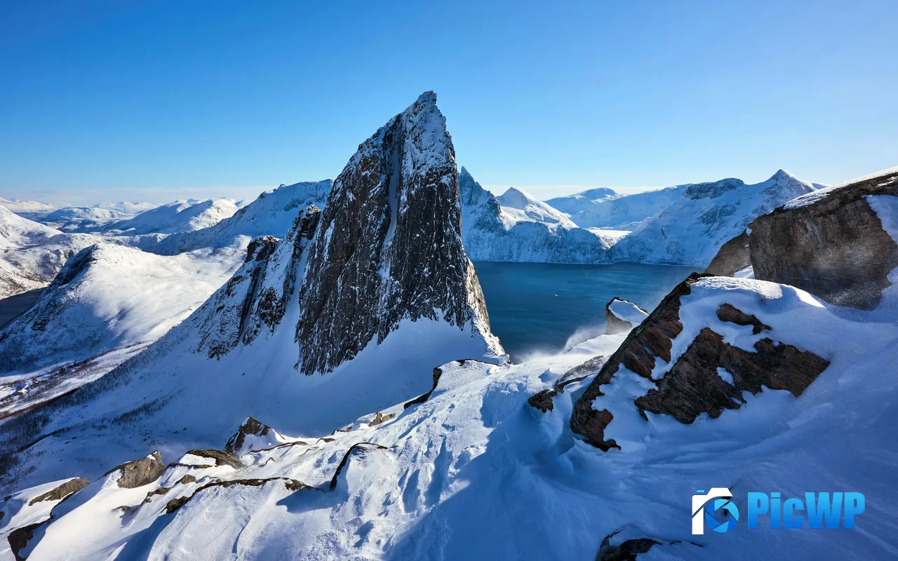 Winter Snow Mountains Peak Segla Fjordgard Norway 5K PC Wallpaper
